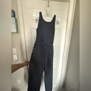 NY & Co. Navy and White Striped Jumpsuit